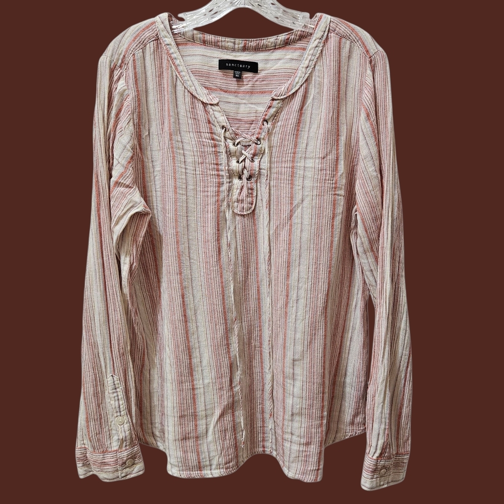 Sanctuary long sleeve red pink cream linen & rayon shirt